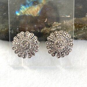 VTG Sterling Silver 925 Marcasite Floral Flower Screw Back Earrings